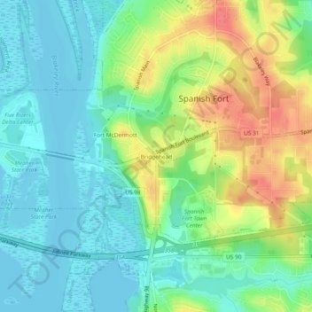 Mapa topográfico Bridgehead, altitud, relieve
