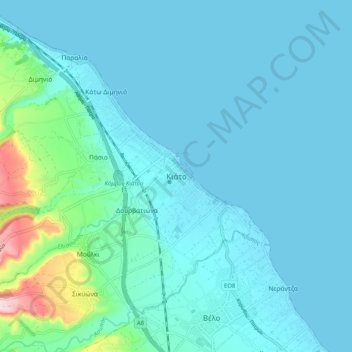 Mapa topográfico Kiato, altitud, relieve