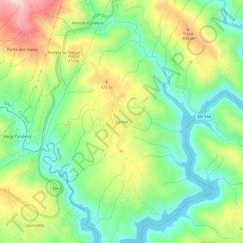 Mapa topográfico Cortes, altitud, relieve