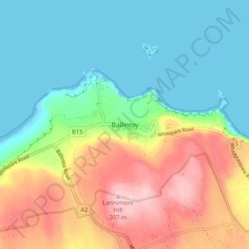 Mapa topográfico Ballintoy, altitud, relieve