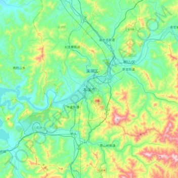 Mapa topográfico Benxi, altitud, relieve