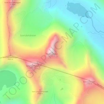Mapa topográfico Mesmogtinden, altitud, relieve