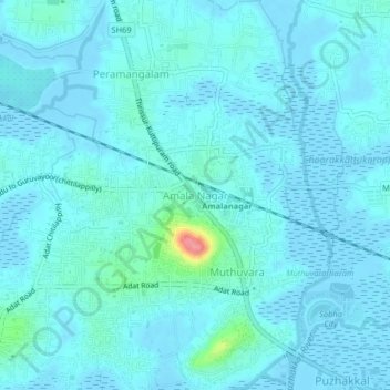 Mapa topográfico Amala Nagar, altitud, relieve