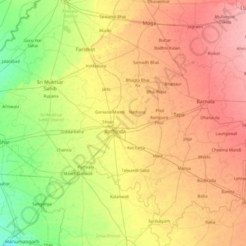 Mapa topográfico Bhatinda, altitud, relieve