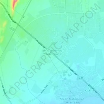 Mapa topográfico Jam Muhammad Yousuf Colony, altitud, relieve