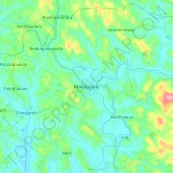 Mapa topográfico Mallappally, altitud, relieve