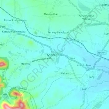 Mapa topográfico Shencottai, altitud, relieve