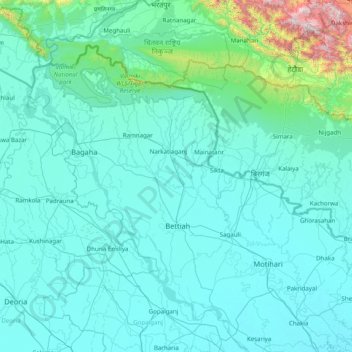 Mapa topográfico Pashchim Champāran, altitud, relieve