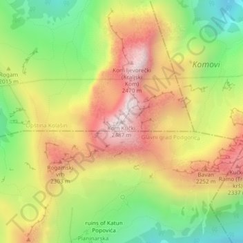 Mapa topográfico Kom Kučki, altitud, relieve