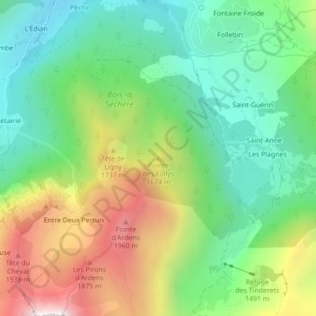 Mapa topográfico Pointe des Follys, altitud, relieve