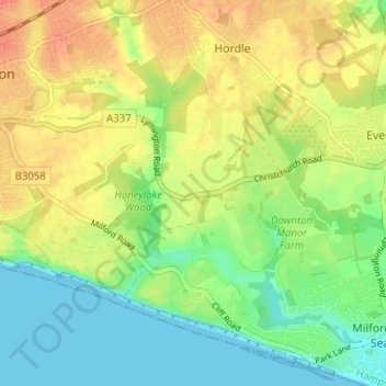 Mapa topográfico Downton, altitud, relieve