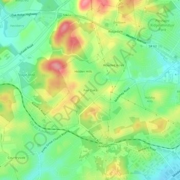 Mapa topográfico Fair Oaks, altitud, relieve