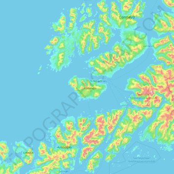 Mapa topográfico Hadseløya, altitud, relieve