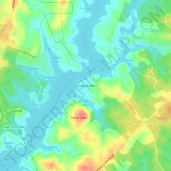 Mapa topográfico Alcovy Shores, altitud, relieve