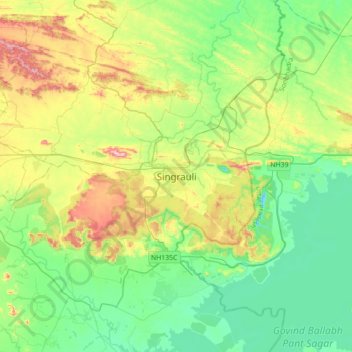 Mapa topográfico Singrauli, altitud, relieve