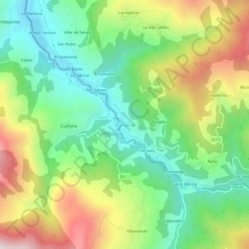Mapa topográfico Bárzana, altitud, relieve