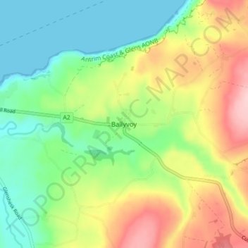 Mapa topográfico Ballyvoy, altitud, relieve