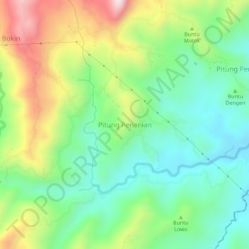 Mapa topográfico Pitung Penanian, altitud, relieve