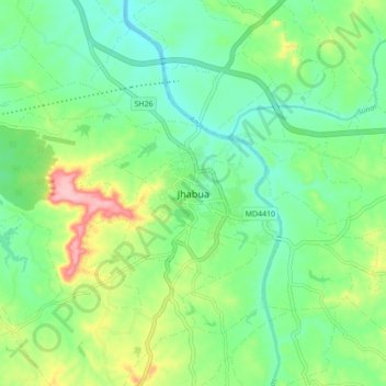 Mapa topográfico Jhabua, altitud, relieve