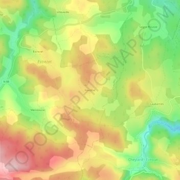 Mapa topográfico Fouzillac, altitud, relieve