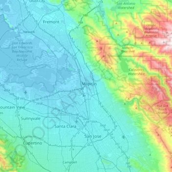 Mapa topográfico Milpitas, altitud, relieve