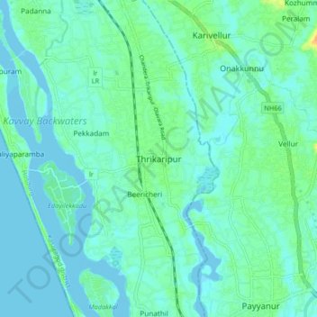 Mapa topográfico Thrikaripur, altitud, relieve