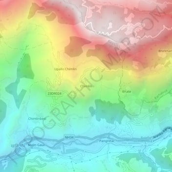 Mapa topográfico Chimlin, altitud, relieve