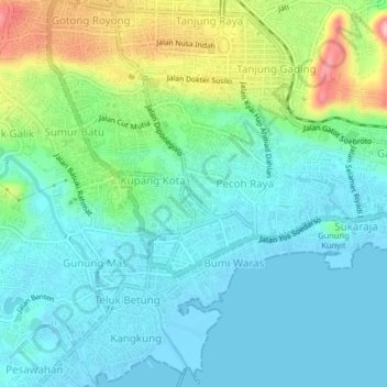 Mapa topográfico Kupang Raya, altitud, relieve