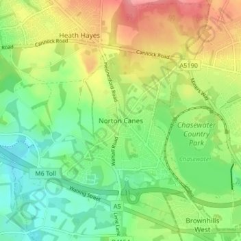 Mapa topográfico Norton Canes, altitud, relieve