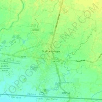 Mapa topográfico Siddhartanagar, altitud, relieve