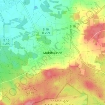 Mapa topográfico Mühlhausen, altitud, relieve