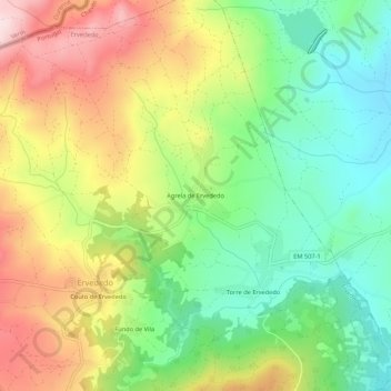 Mapa topográfico Agrela de Ervededo, altitud, relieve