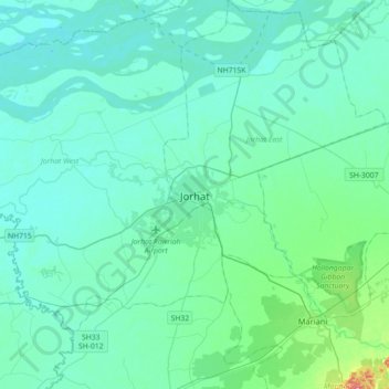 Mapa topográfico Jorhat, altitud, relieve