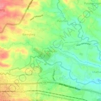 Mapa topográfico Sukamaju, altitud, relieve