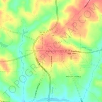 Mapa topográfico Lumpkin, altitud, relieve