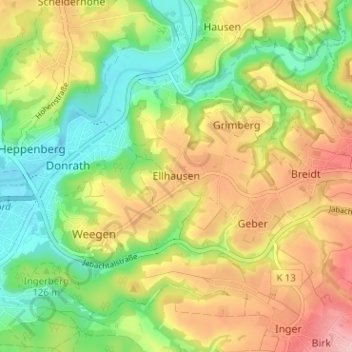 Mapa topográfico Ellhausen, altitud, relieve