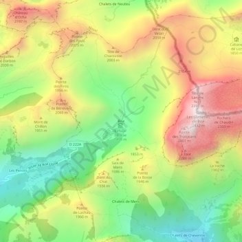 Mapa topográfico Bise, altitud, relieve