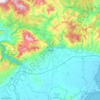 Mapa topográfico Xanthi, altitud, relieve