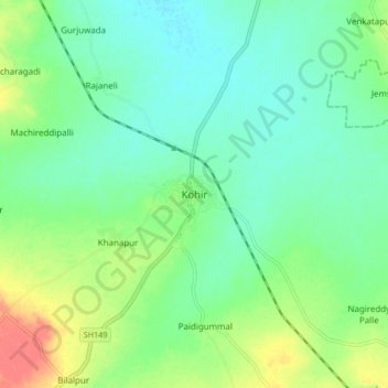 Mapa topográfico Kohir, altitud, relieve