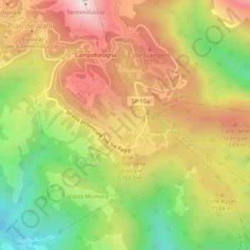 Mapa topográfico Cinque Confini, altitud, relieve