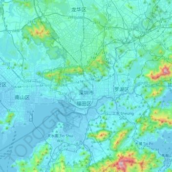 Mapa topográfico Shenzhen, altitud, relieve