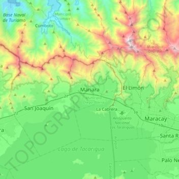 Mapa topográfico Mariara, altitud, relieve