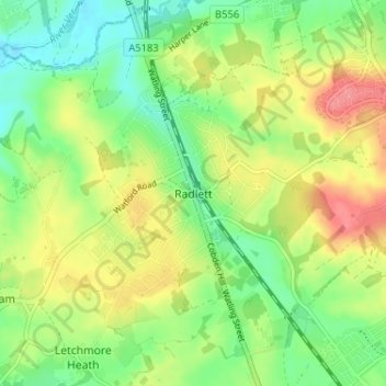 Mapa topográfico Radlett, altitud, relieve