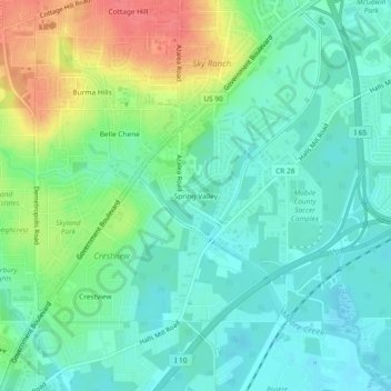 Mapa topográfico Spring Valley, altitud, relieve