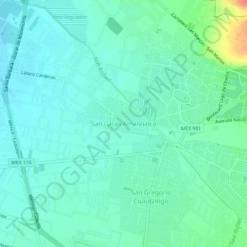Mapa topográfico San Lucas Amalinalco, altitud, relieve