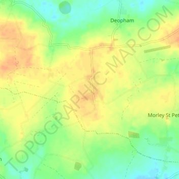 Mapa topográfico Deopham Green, altitud, relieve