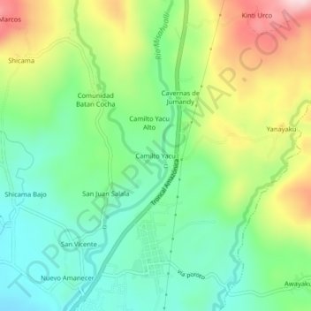 Mapa topográfico Camilto Yacu, altitud, relieve