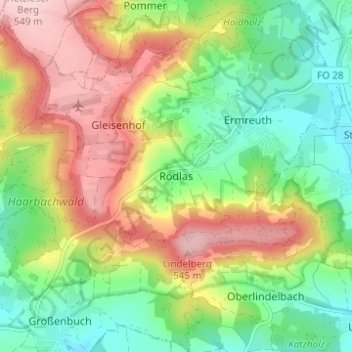 Mapa topográfico Rödlas, altitud, relieve