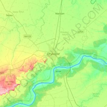 Mapa topográfico Dhaulpur, altitud, relieve