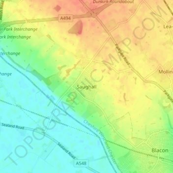 Mapa topográfico Saughall, altitud, relieve